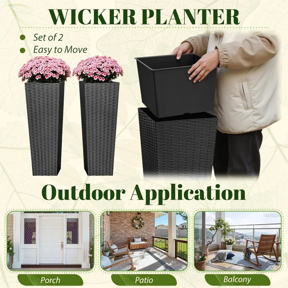 Resin Rattan Tall Outdoor Planters With Drainage Holes