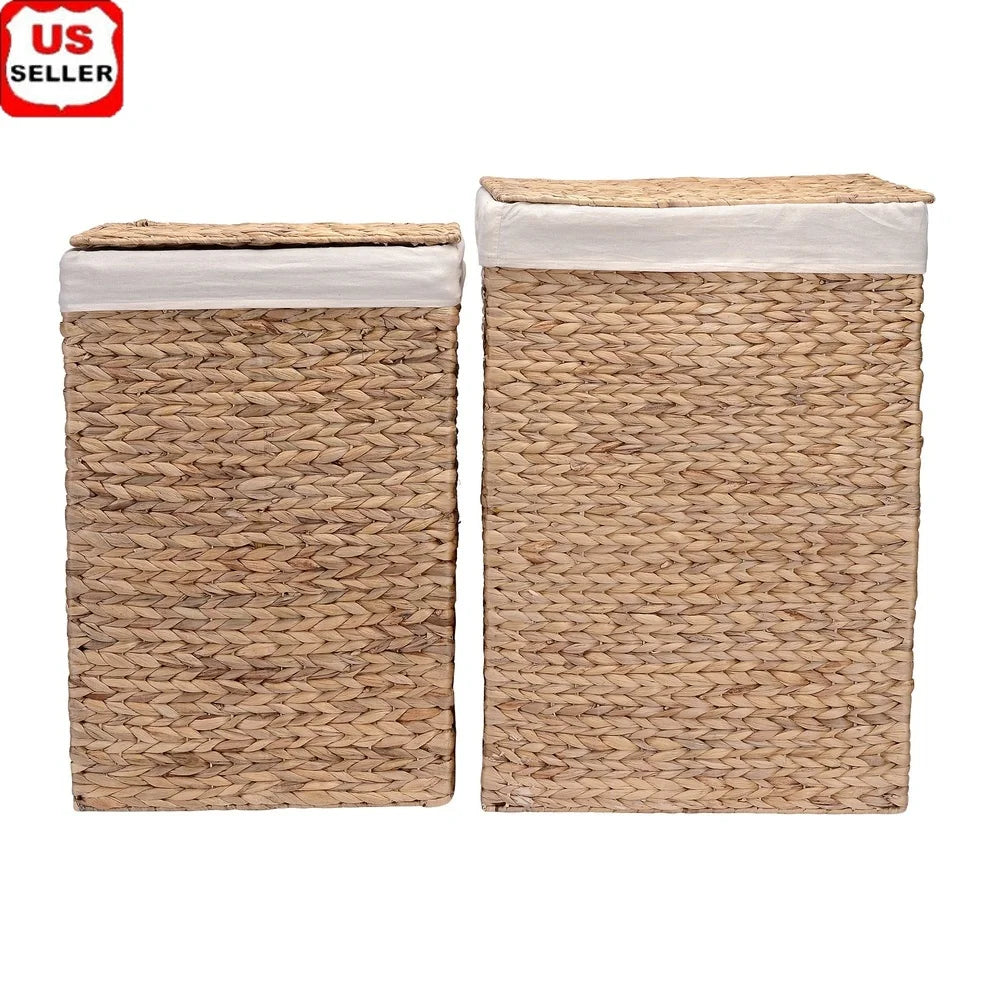 XMSJ Handmade Water Hyacinth Wicker Laundry Hampers Set With Lids