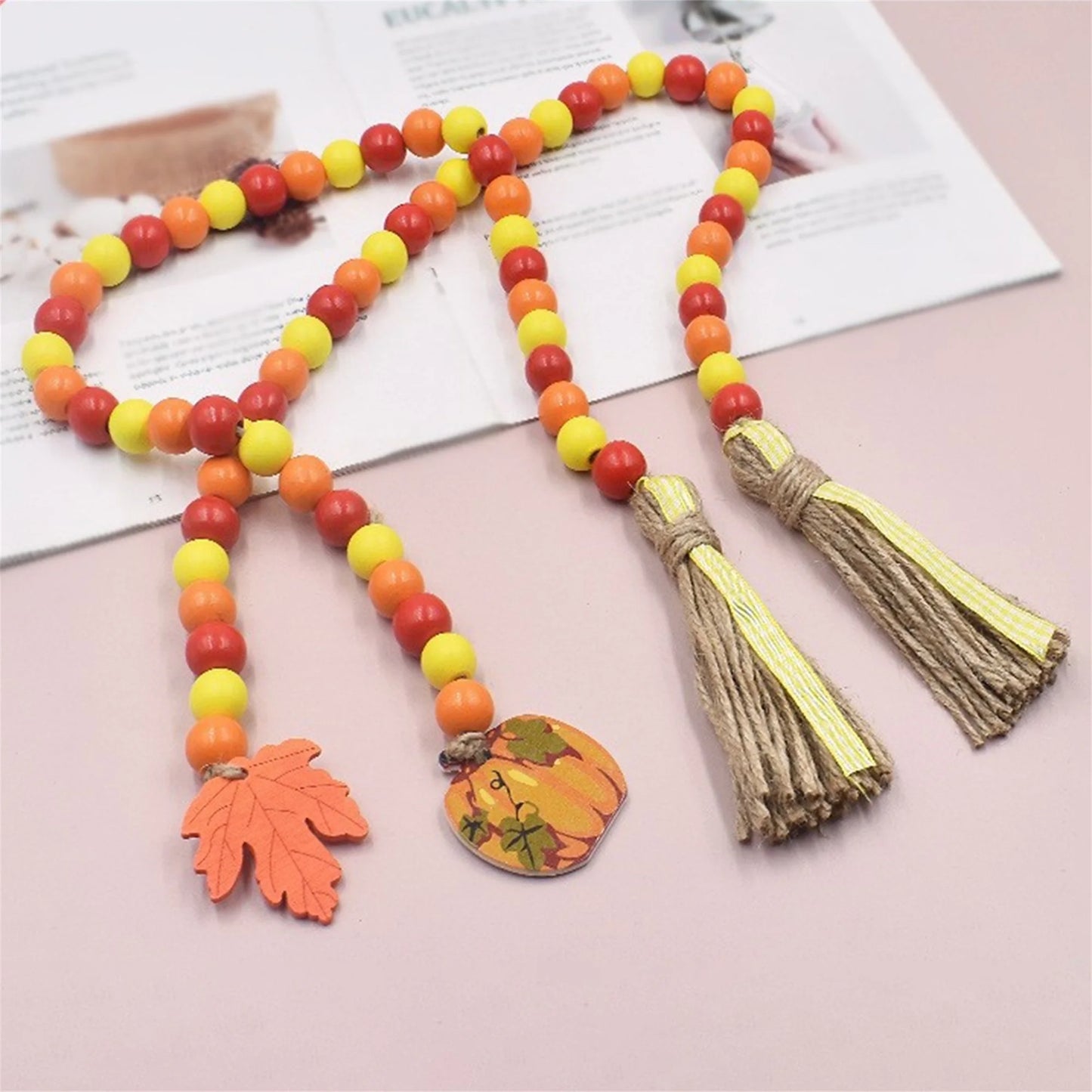 Hign-concerned Rustic Fall Harvest Wooden Bead Garland With Tassel And Acorn Pendant Thanksgiving Decor