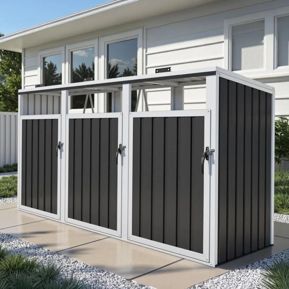 Outdoor Trash Can Storage Shed For Three Galvanized Steel Cans With Lockable Door And Weather Resistant Cover