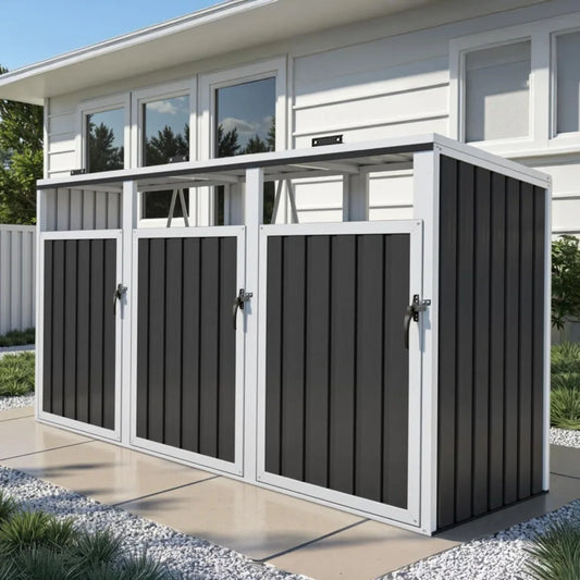 Outdoor Trash Can Storage Shed For Three Galvanized Steel Cans With Lockable Door And Weather Resistant Cover