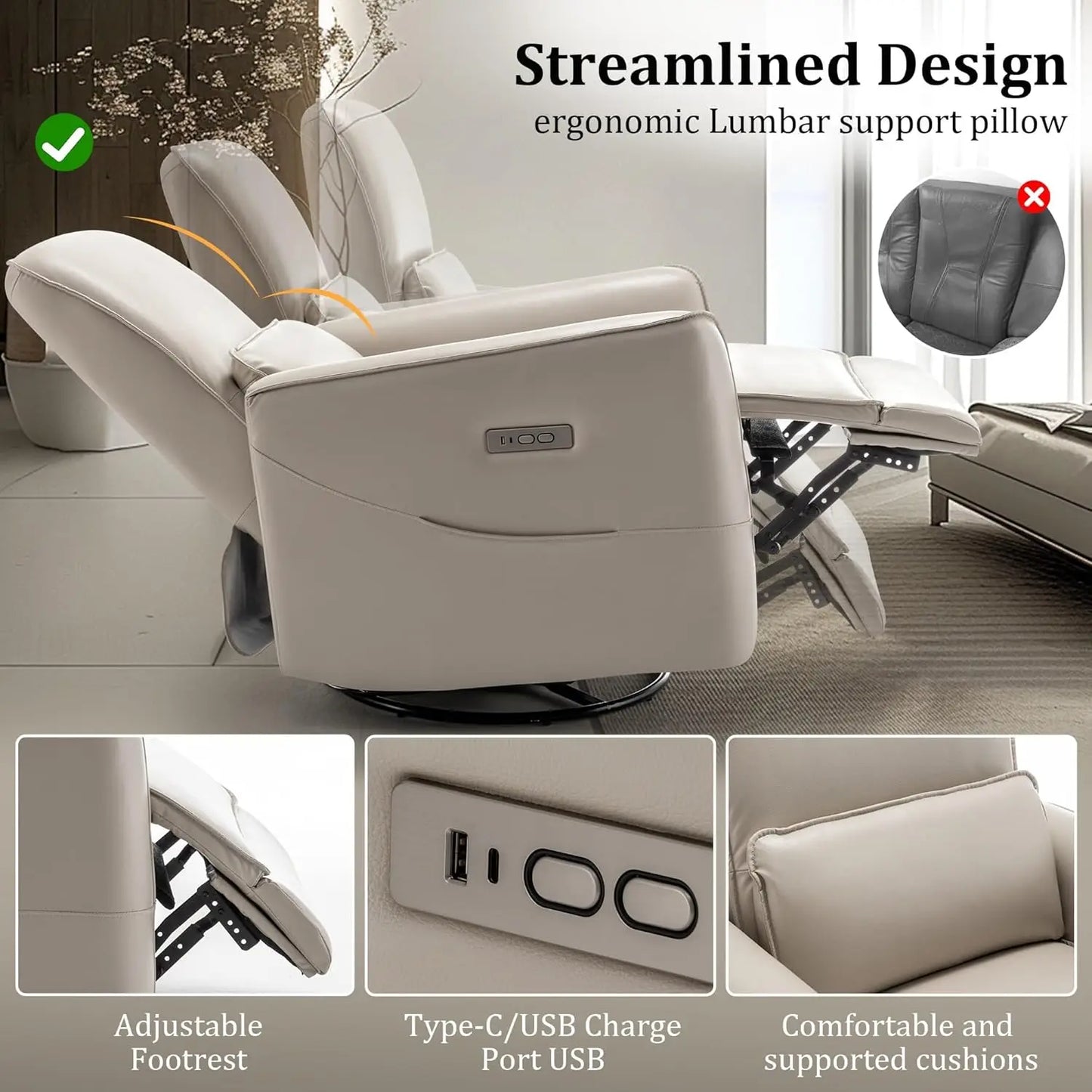 XMSJ Glider Recliner Chair Power Rocker USB Type-C Ports