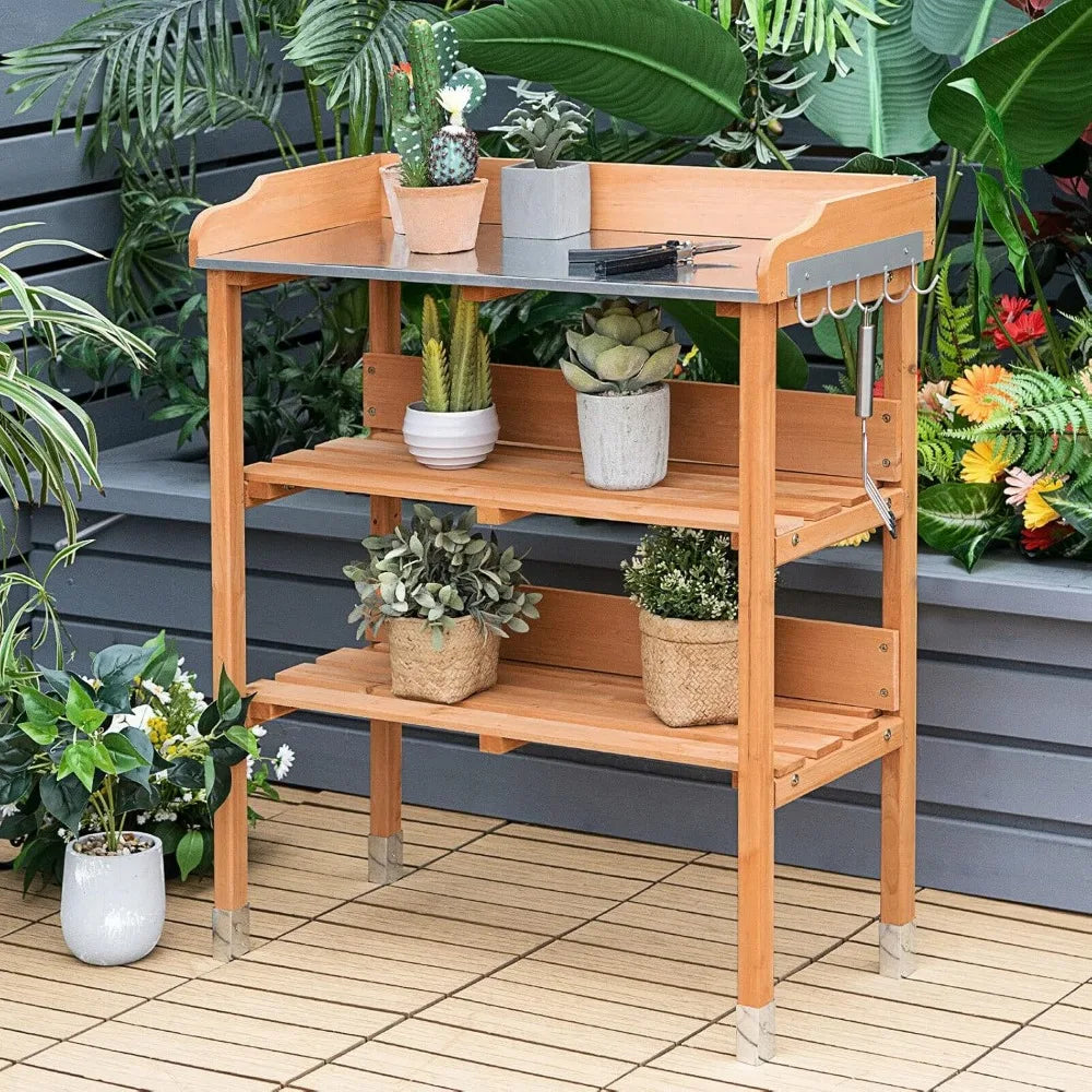 Potting Bench With Fir Wood Construction And Metal Tabletop