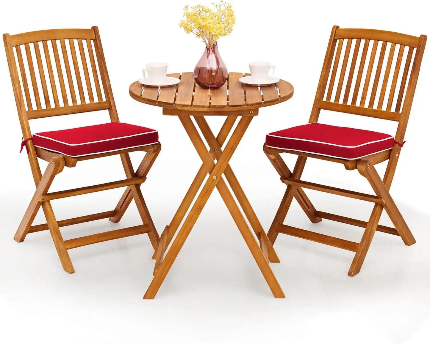 Huanzhuang 3Pcs Patio Bistro Set With Wood Folding Table And Cushioned Chairs For Garden Outdoor