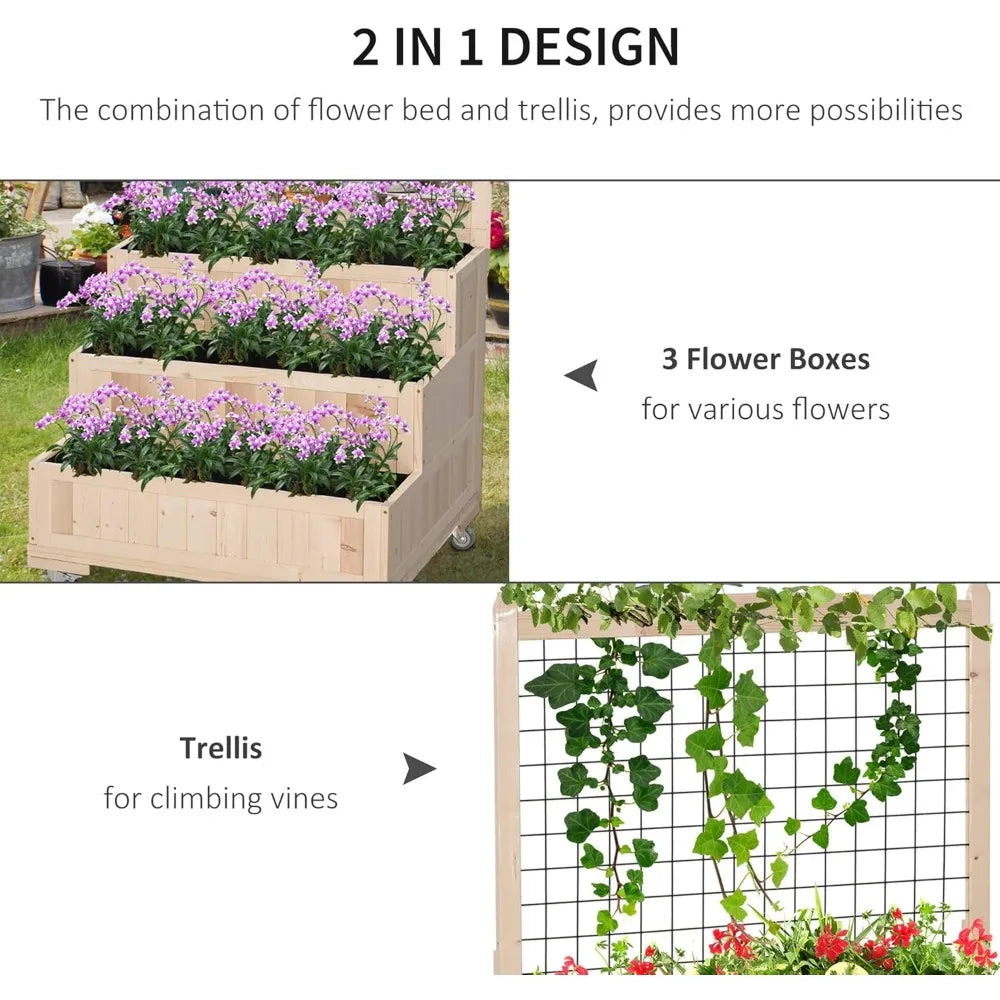 Outsunny Three Tier AllWeather Durable GardenBed With TrellisPlanter PremiumWheels