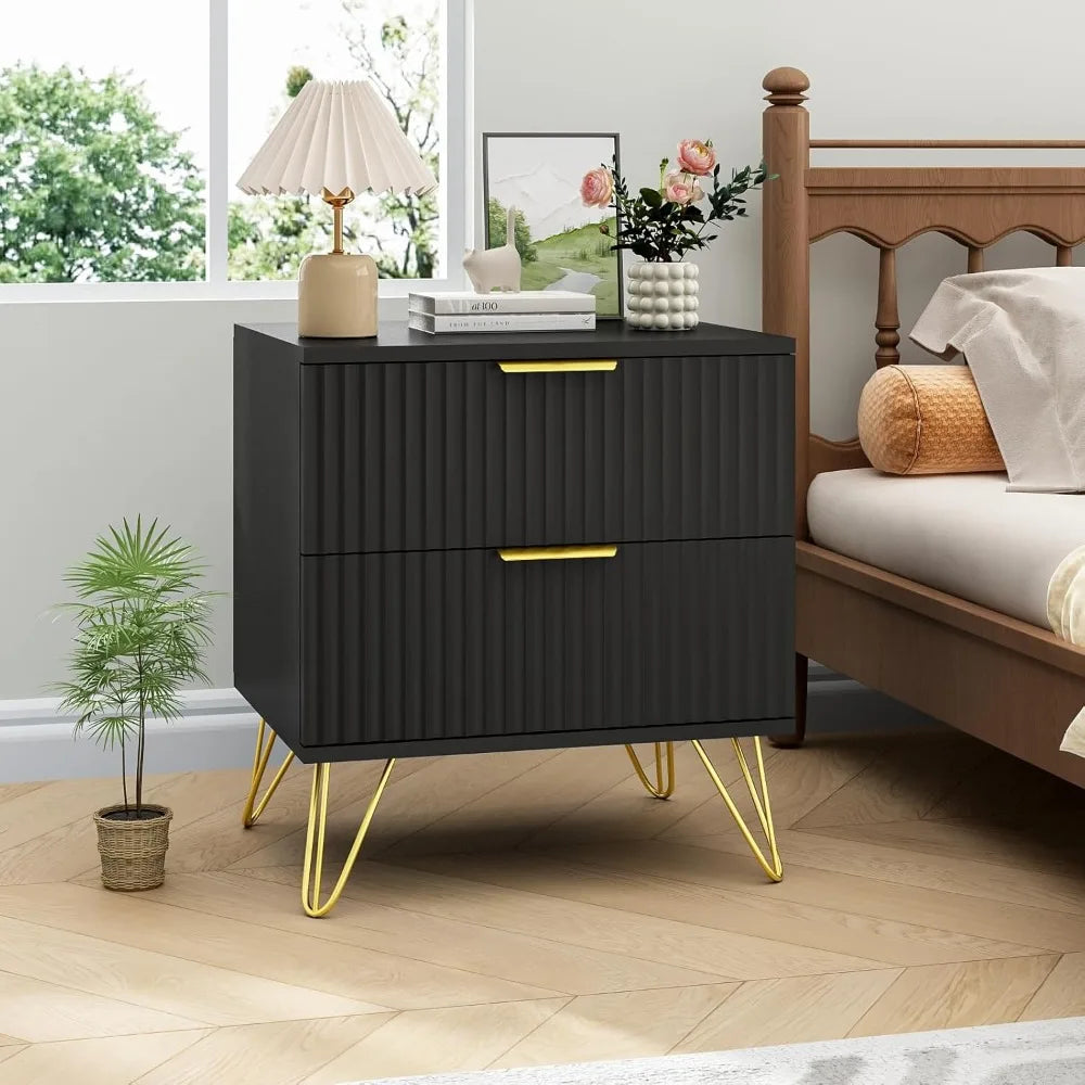 MKDK Fluted Nightstand Set Of 2 With Two Drawers Modern Bedside Table Wood Storage