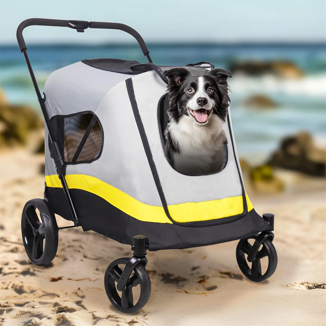 Foldable Dog Stroller Heavy-Duty Four-Wheel Travel System All-Weather Rain-Resistant Cover