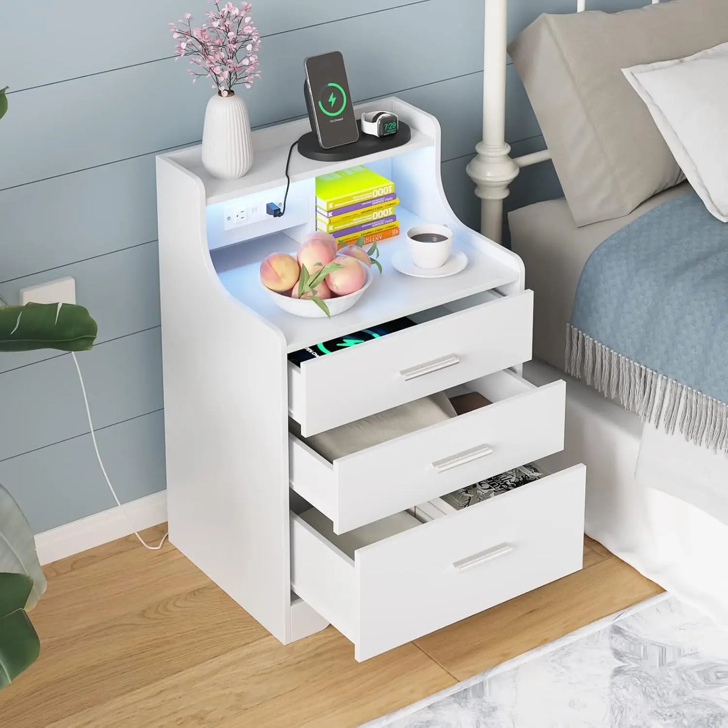 Vabches Nightstand with Charging Station and LED Lights