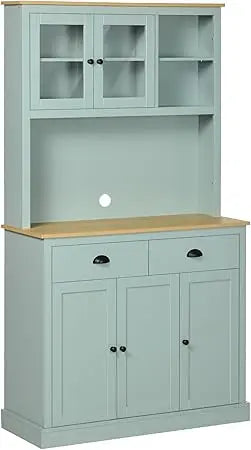 Freestanding Pantry With Hutch Microwave Cabinet And Glass Doors