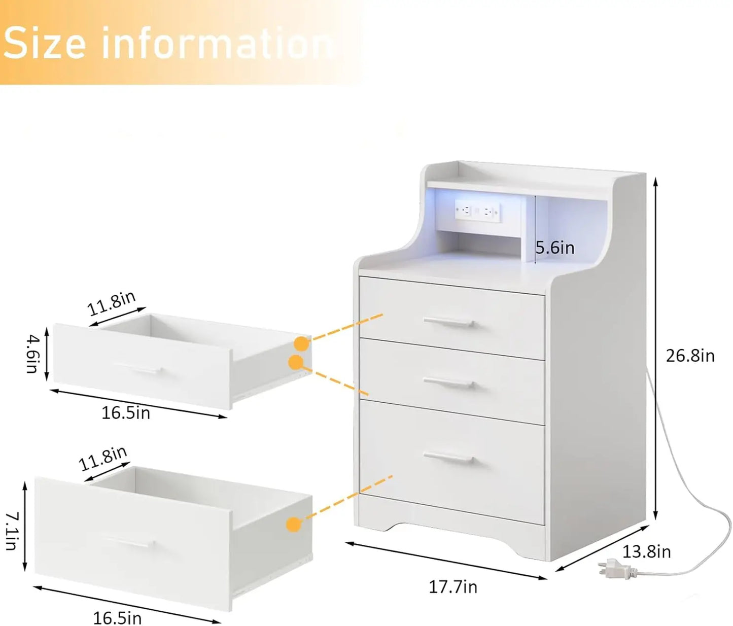 Vabches Nightstand with Charging Station and LED Lights