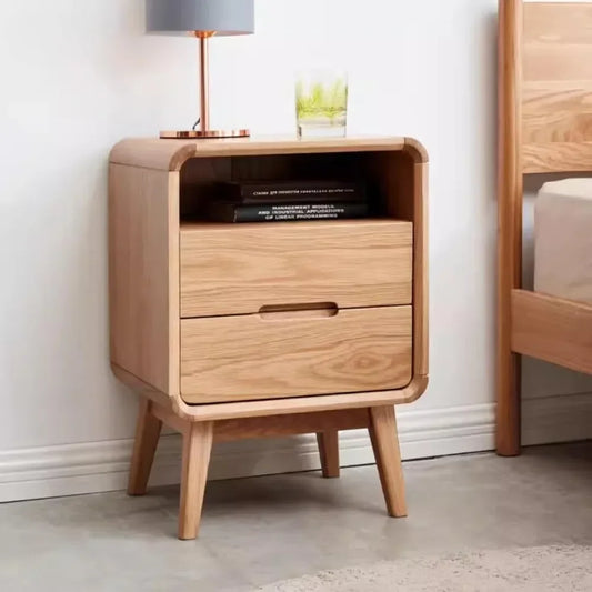 HUANZHUANG Solid Oak Wood Nightstand With Drawer And Storage Shelf Mid Century Modern Bedroom Dormitory