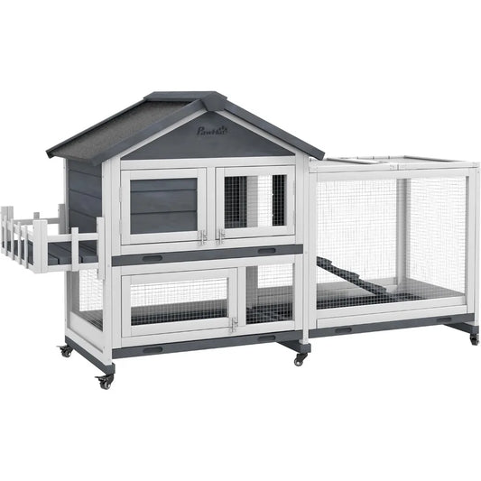 High Concerned Wooden Bunny Hutch With Open Roof And Wheels