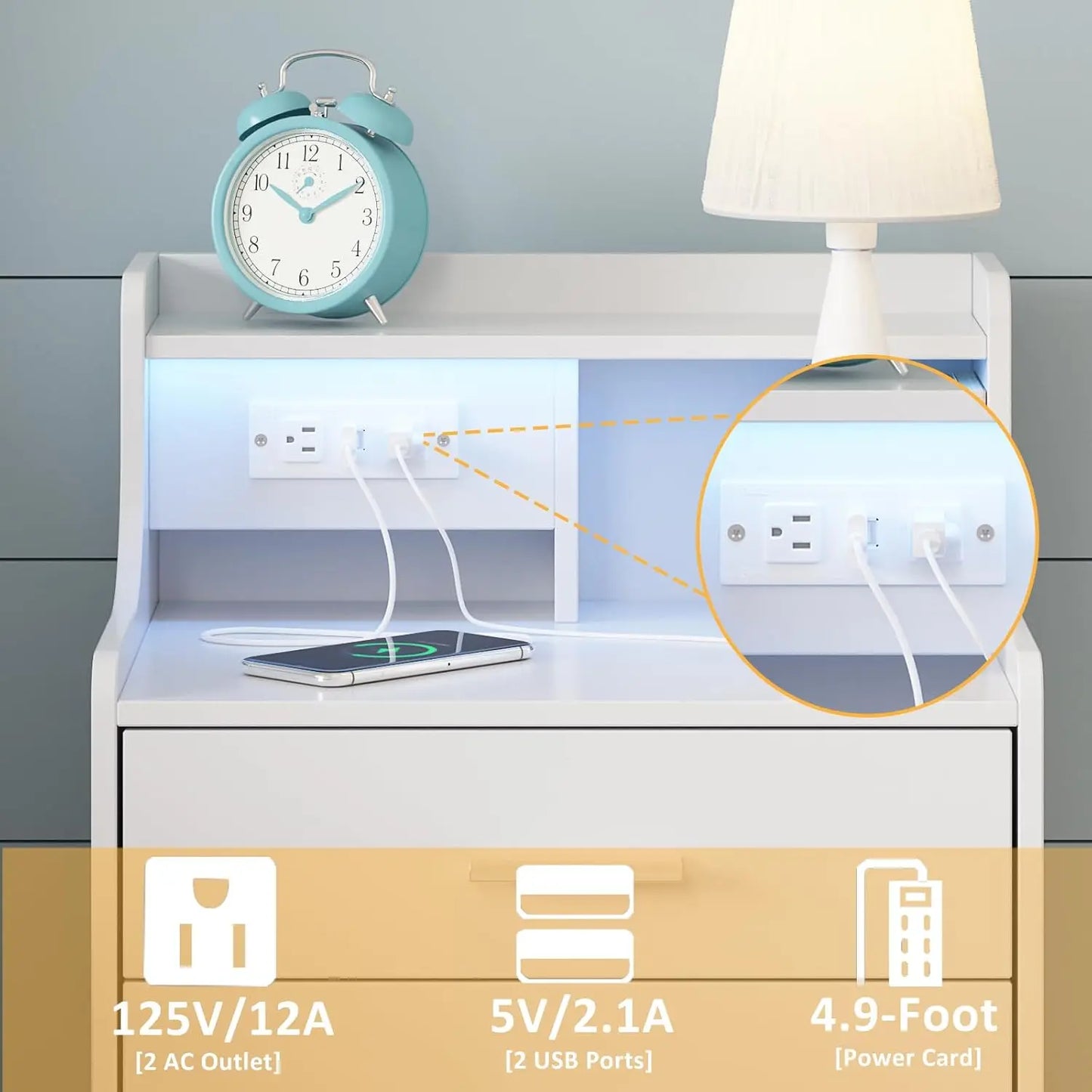 Vabches Nightstand with Charging Station and LED Lights