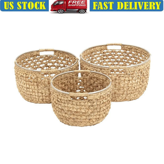 Fujian Seagrass Storage Baskets Set of 3 with Metal Handles