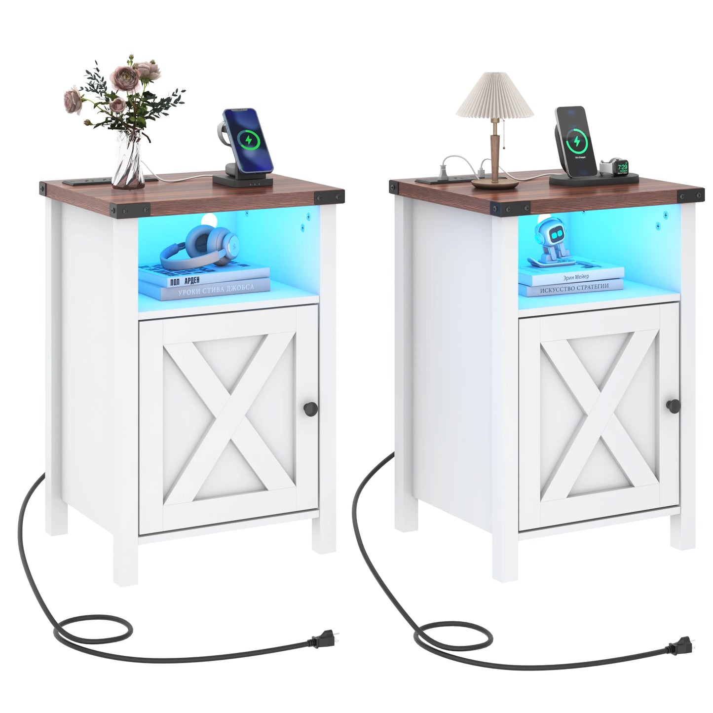 QiaoShiRen Farmhouse End Tables Set Of 2 With Charging Station