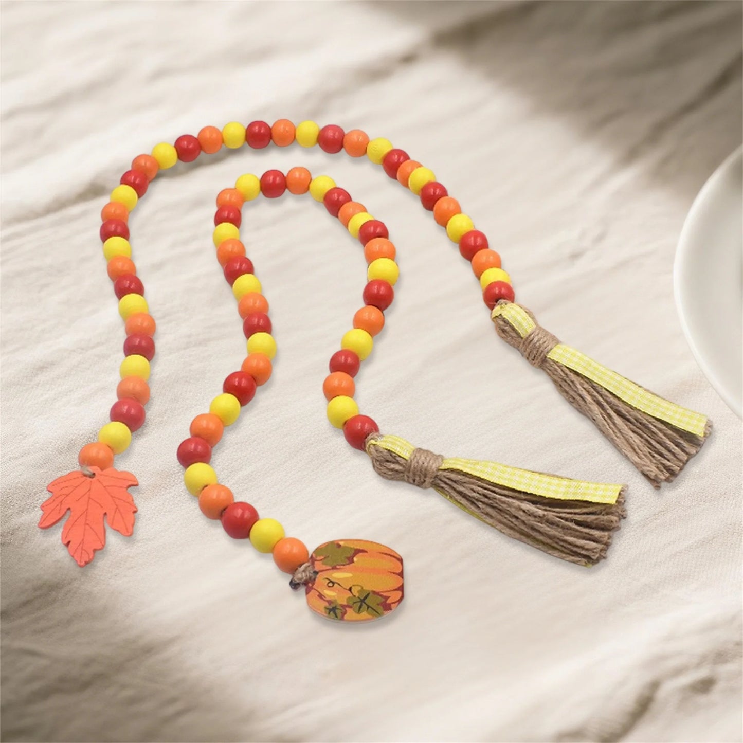 Hign-concerned Rustic Fall Harvest Wooden Bead Garland With Tassel And Acorn Pendant Thanksgiving Decor