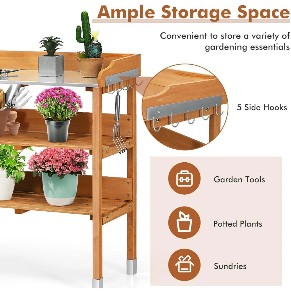 Potting Bench With Fir Wood Construction And Metal Tabletop