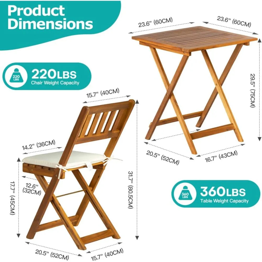 Acacia Wood Folding Patio Bistro Set With Cushions